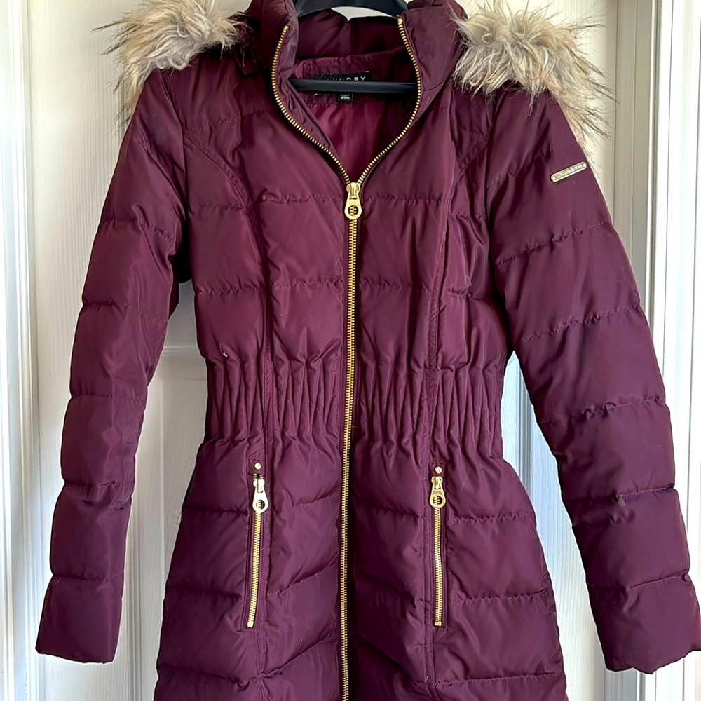 Laundry By Shelli Segal Wine Red Ski Puffer with Faux Fur Hood